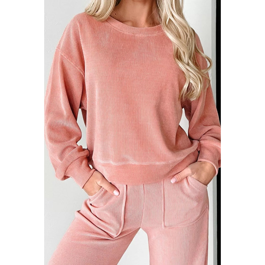 Ribbed Round Neck Top and Pants Set Apparel and Accessories