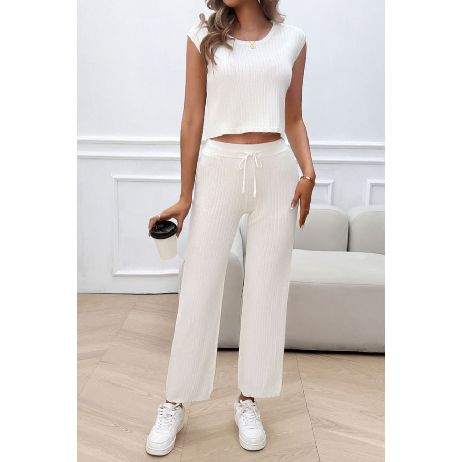Ribbed Round Neck Top and Pants Set Apparel and Accessories