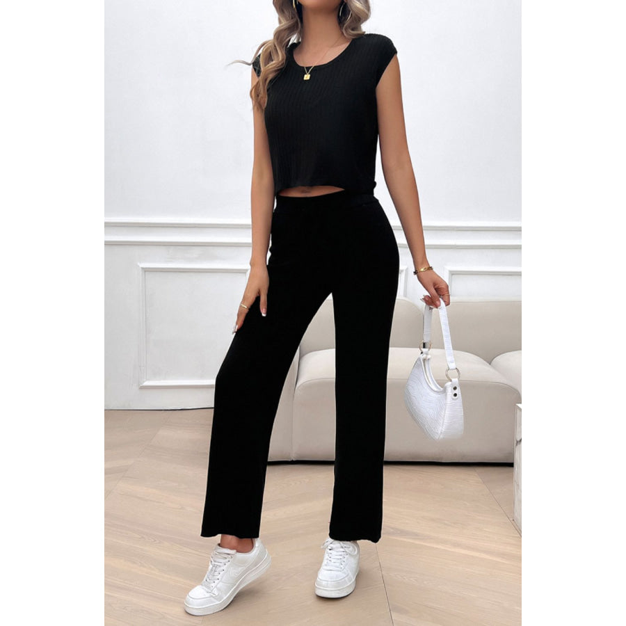 Ribbed Round Neck Top and Pants Set Black / S Apparel and Accessories