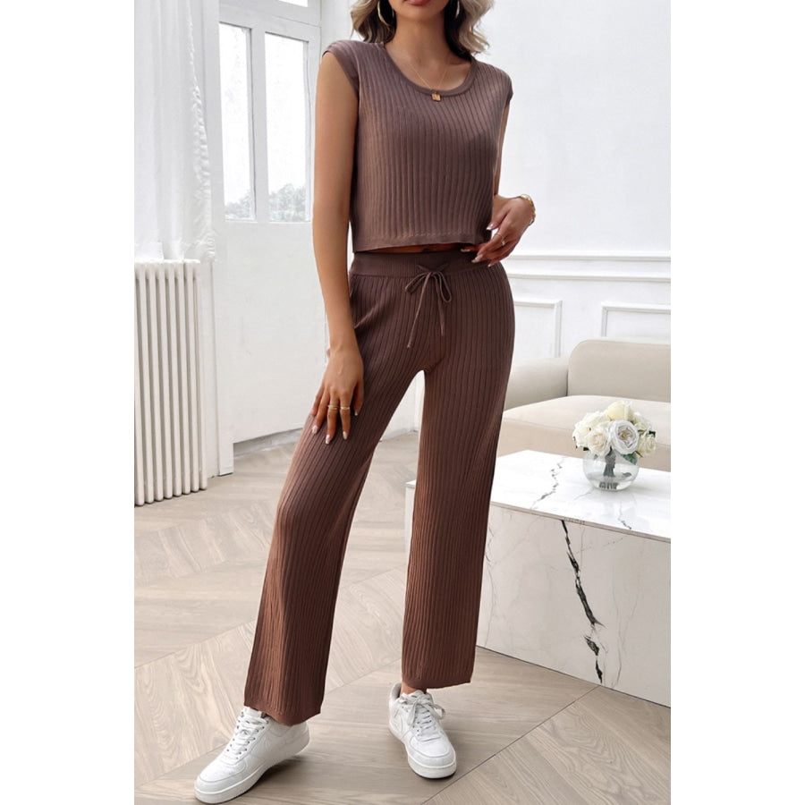 Ribbed Round Neck Top and Pants Set Brown / S Apparel and Accessories