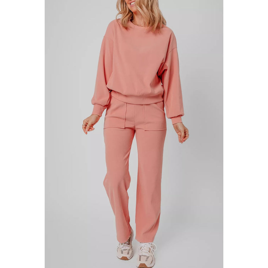 Ribbed Round Neck Top and Pants Set Pale Blush / S Apparel and Accessories