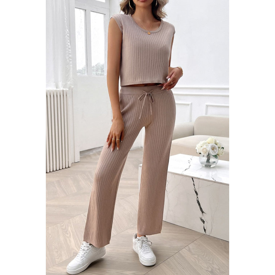 Ribbed Round Neck Top and Pants Set Taupe / S Apparel and Accessories
