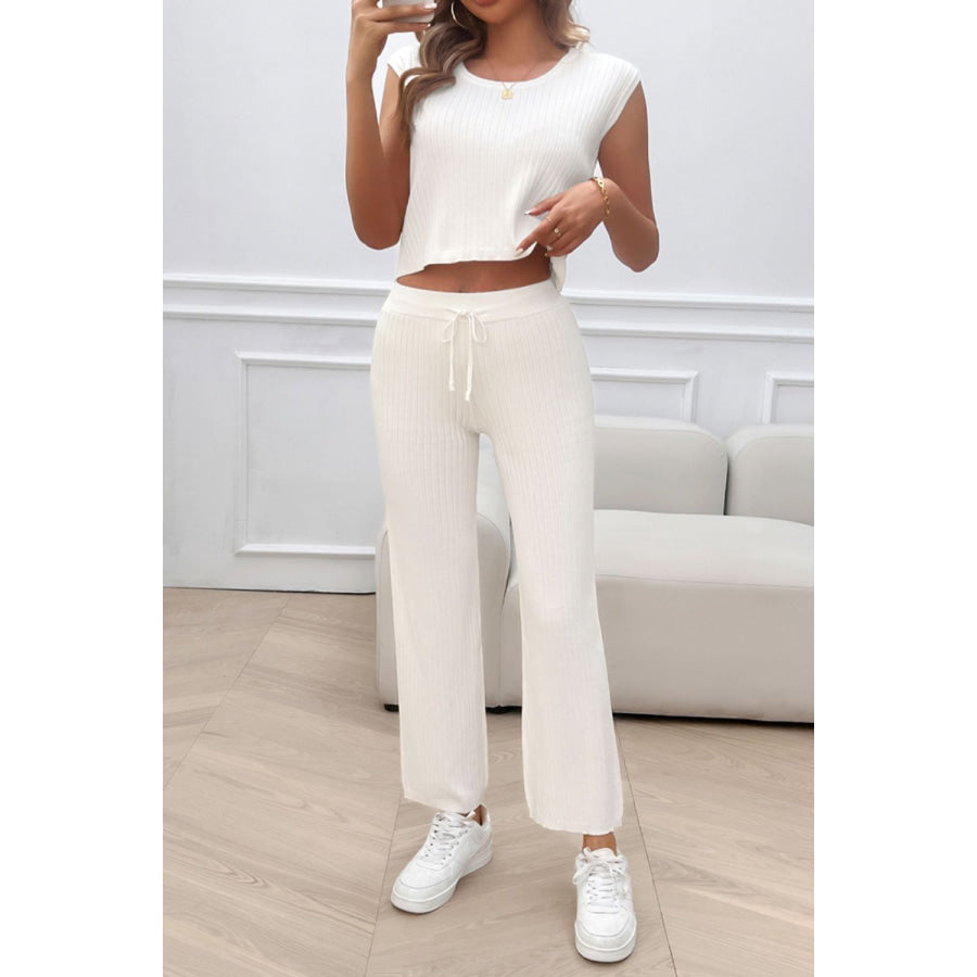 Ribbed Round Neck Top and Pants Set White / S Apparel and Accessories