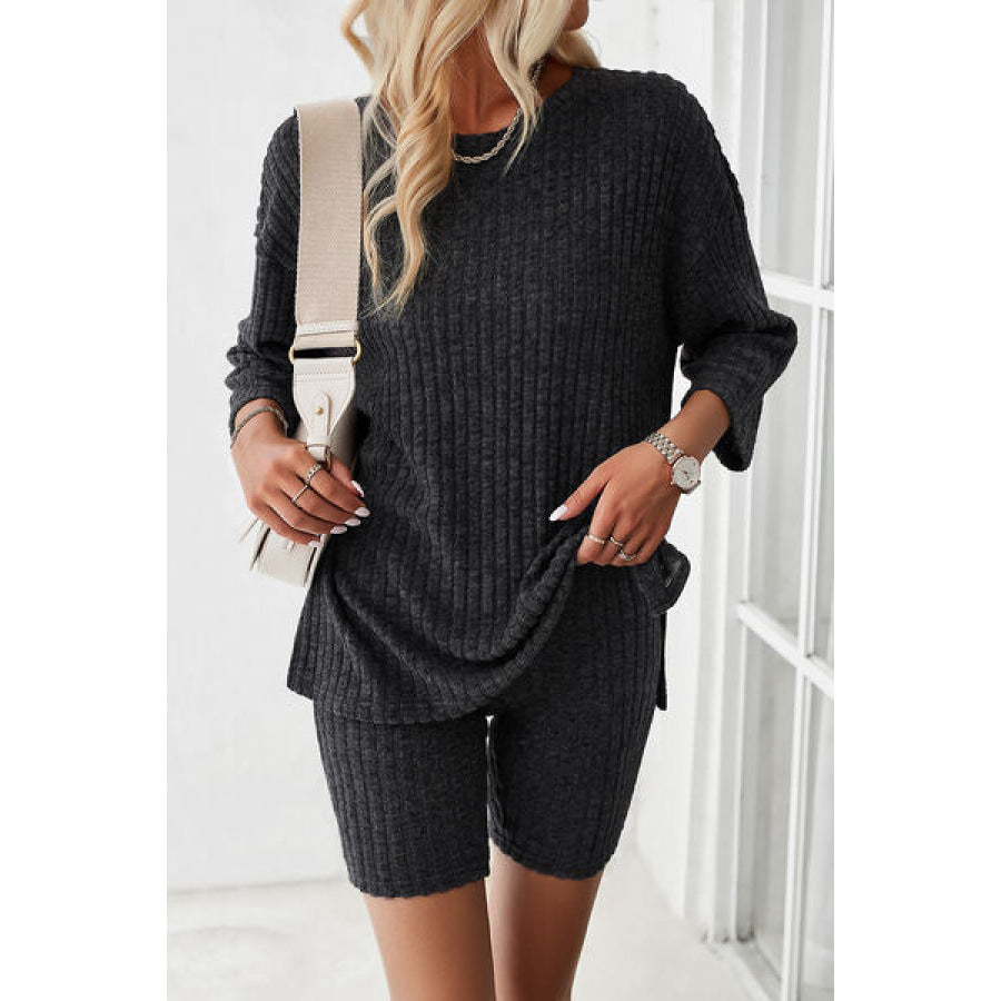 Ribbed Round Neck Top and Shorts Set Apparel Accessories