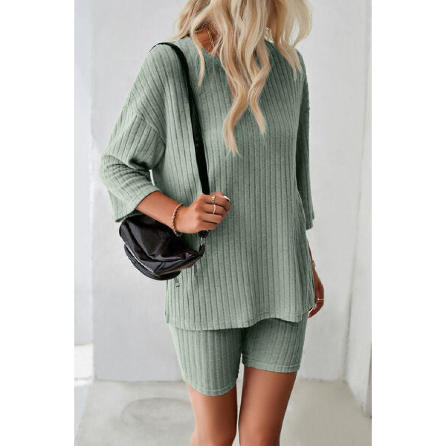 Ribbed Round Neck Top and Shorts Set Apparel Accessories