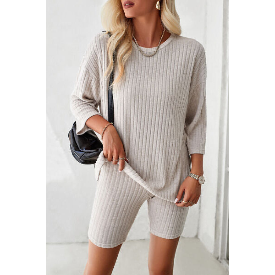 Ribbed Round Neck Top and Shorts Set Apparel Accessories