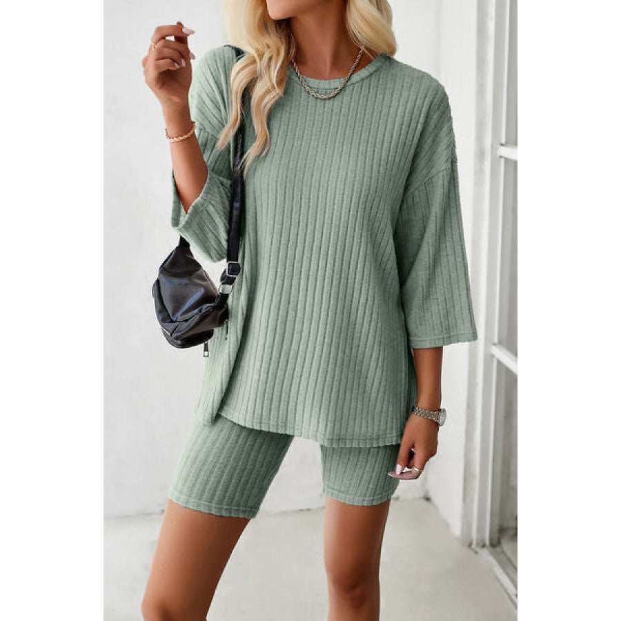 Ribbed Round Neck Top and Shorts Set Apparel Accessories