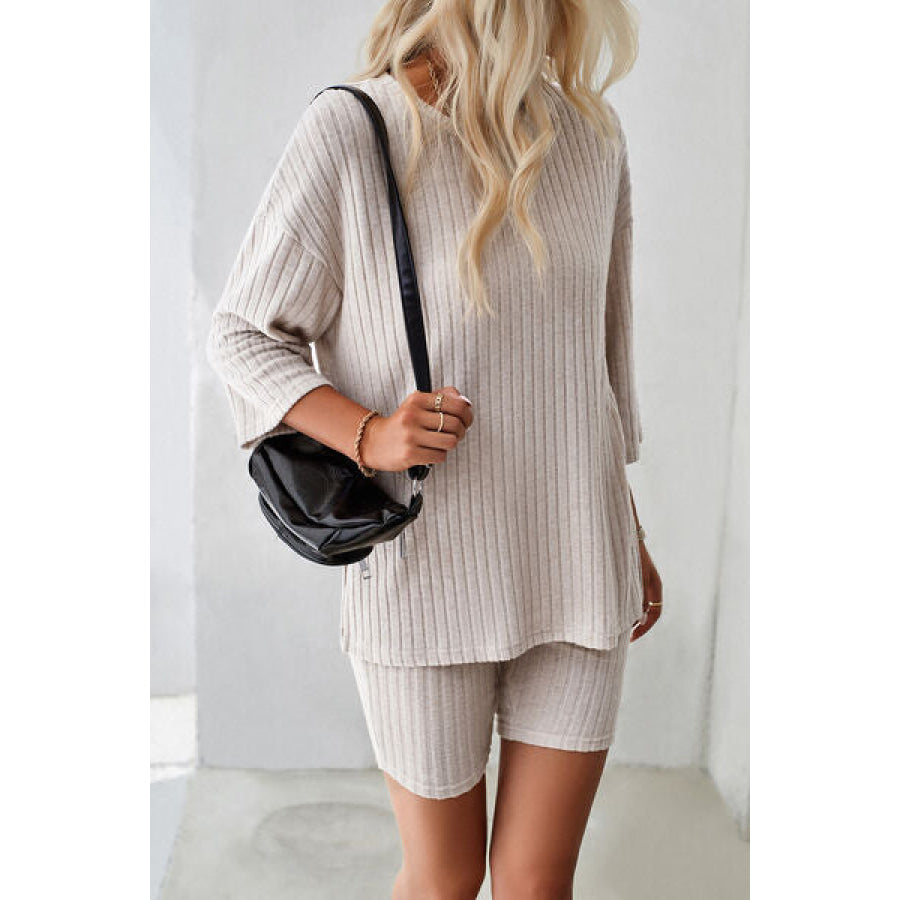 Ribbed Round Neck Top and Shorts Set Apparel Accessories