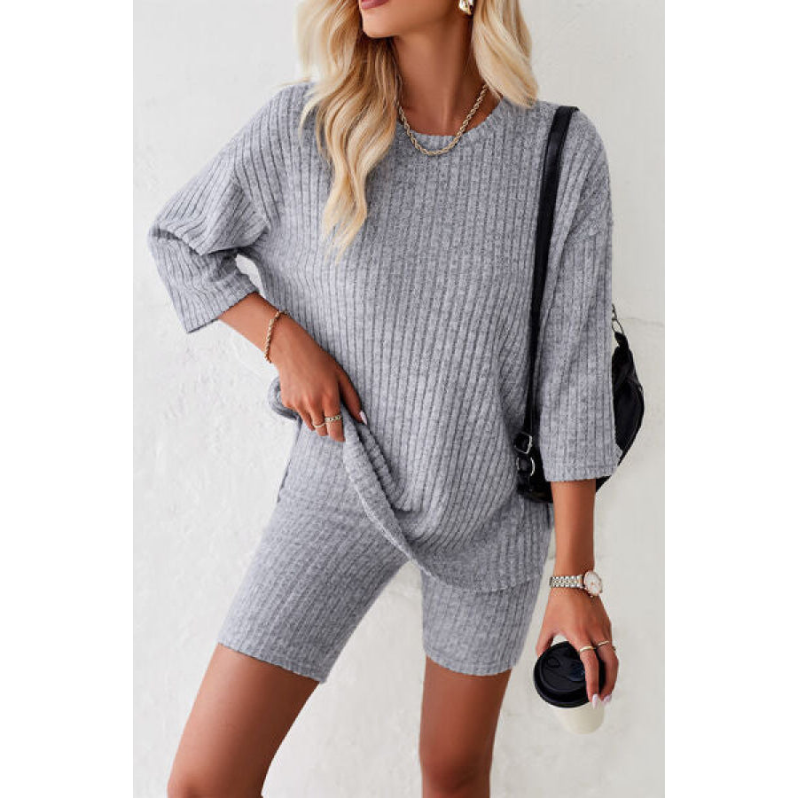 Ribbed Round Neck Top and Shorts Set Apparel Accessories