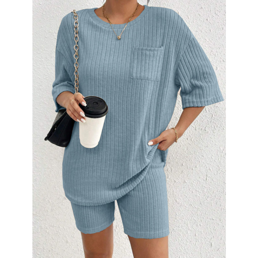 Ribbed Round Neck Top and Shorts Set Apparel and Accessories