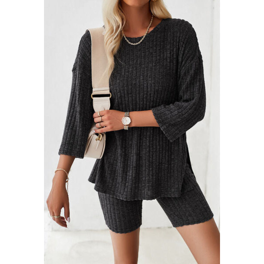 Ribbed Round Neck Top and Shorts Set Apparel Accessories