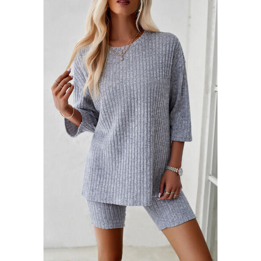 Ribbed Round Neck Top and Shorts Set Apparel Accessories