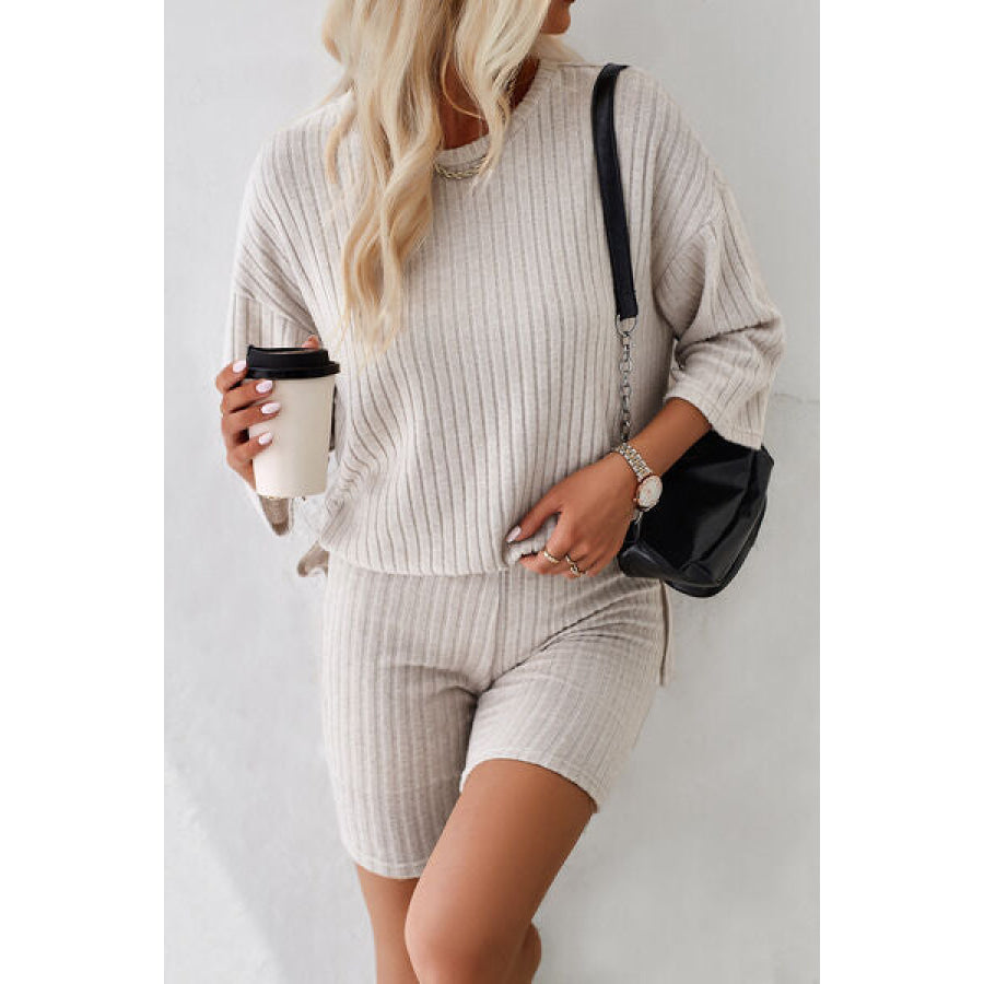 Ribbed Round Neck Top and Shorts Set Apparel Accessories