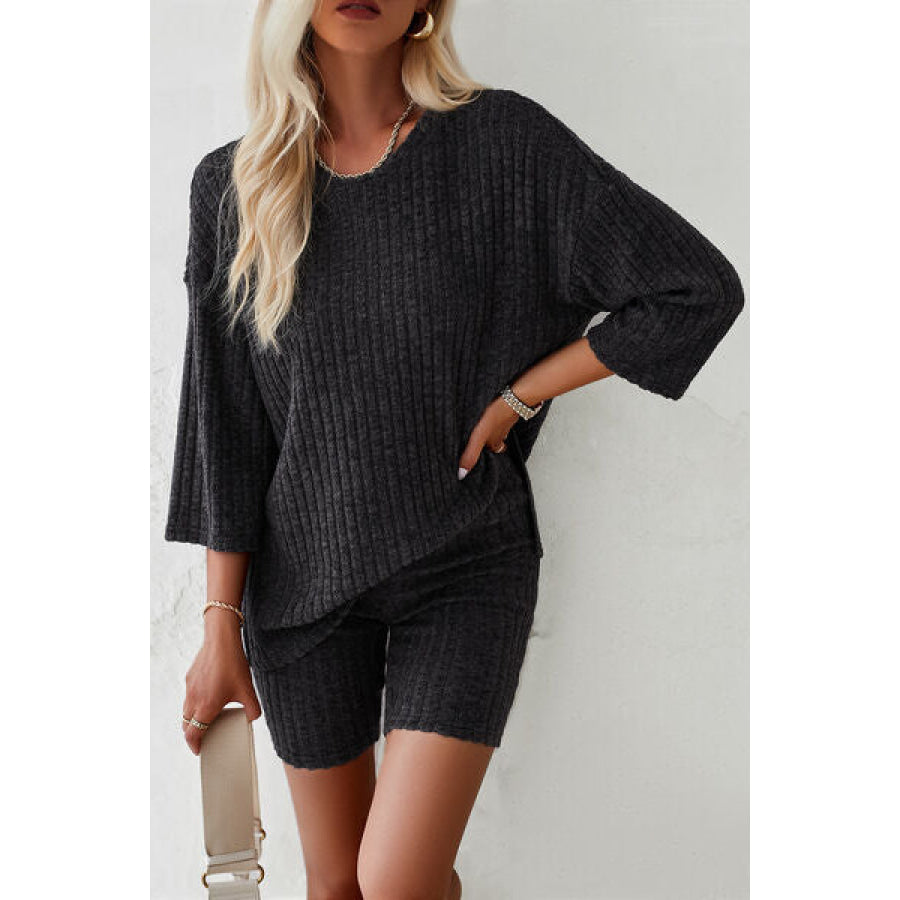 Ribbed Round Neck Top and Shorts Set Apparel Accessories