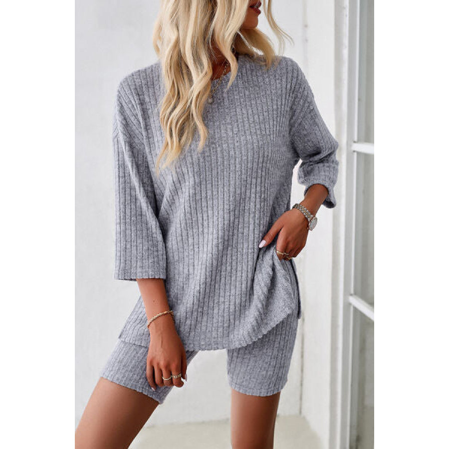 Ribbed Round Neck Top and Shorts Set Apparel Accessories