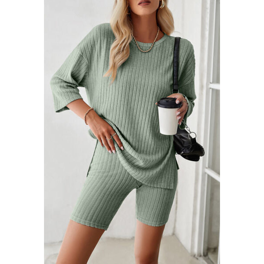 Ribbed Round Neck Top and Shorts Set Apparel Accessories