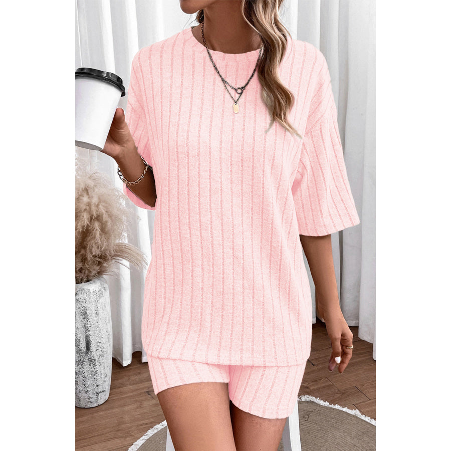 Ribbed Round Neck Top and Shorts Set Apparel Accessories