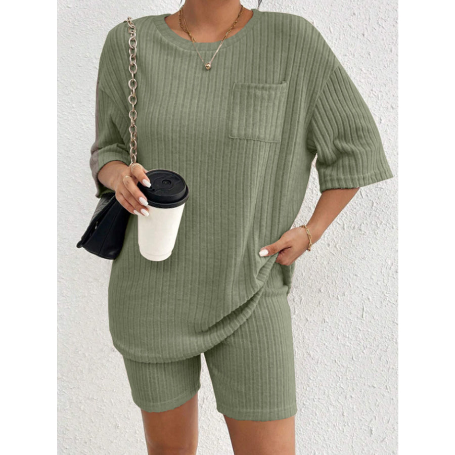 Ribbed Round Neck Top and Shorts Set Apparel and Accessories