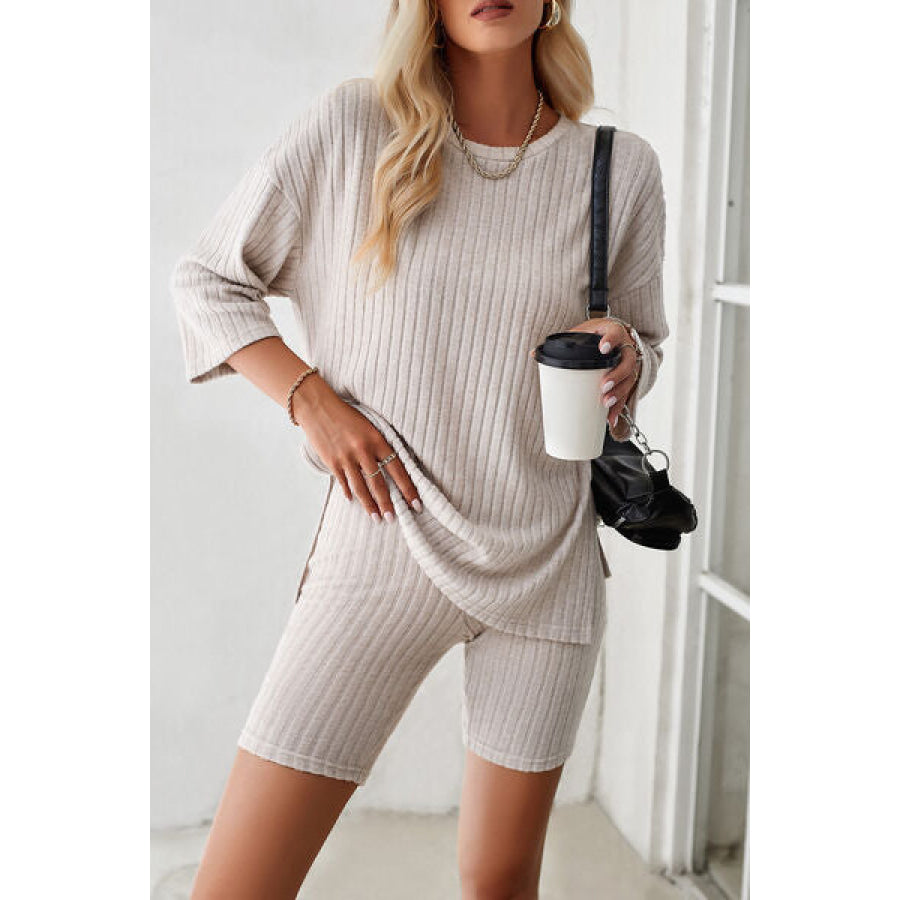 Ribbed Round Neck Top and Shorts Set Apparel Accessories