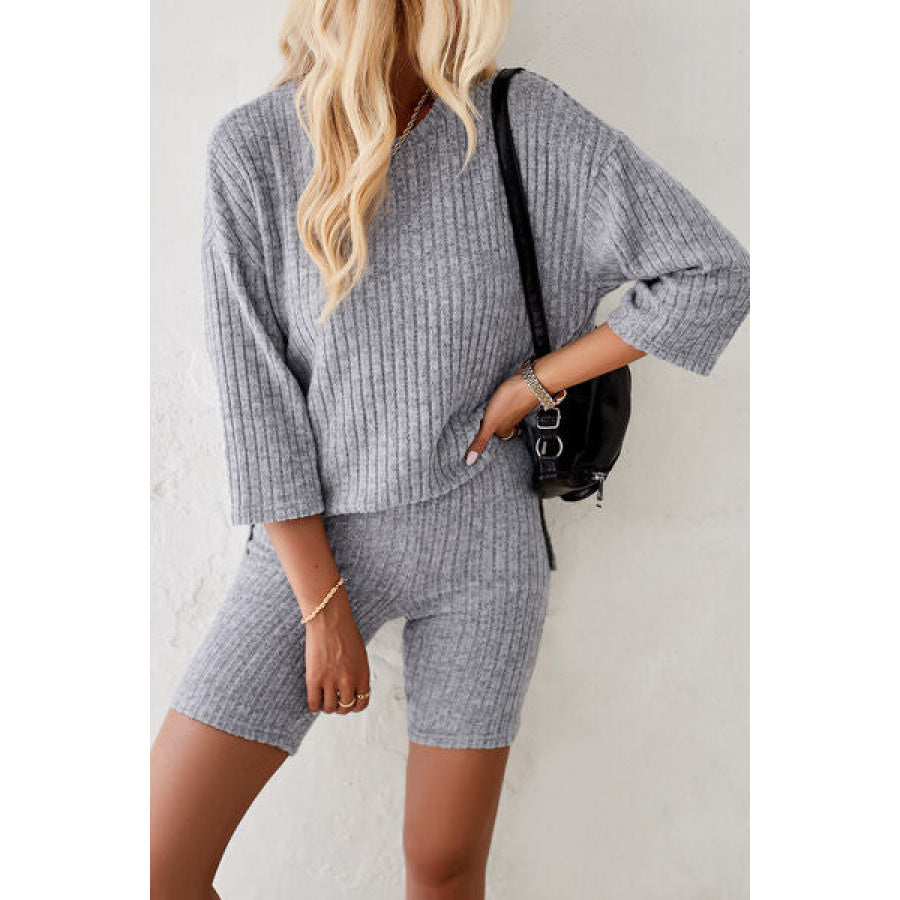 Ribbed Round Neck Top and Shorts Set Apparel Accessories