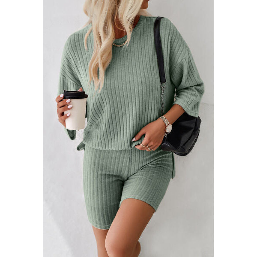 Ribbed Round Neck Top and Shorts Set Apparel Accessories