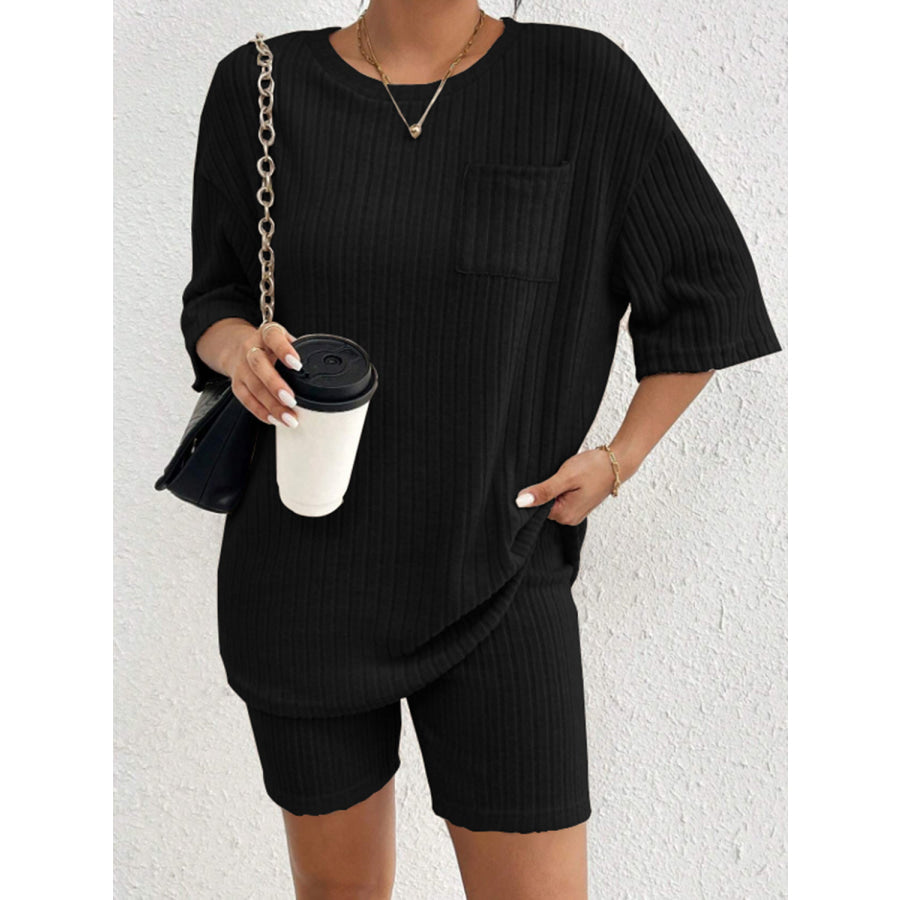 Ribbed Round Neck Top and Shorts Set Black / S Apparel and Accessories