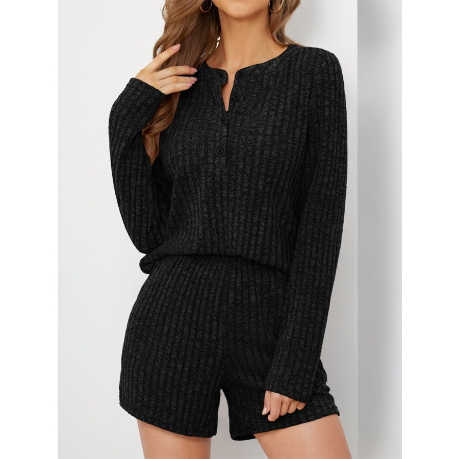 Ribbed Round Neck Top and Shorts Set Black / S Apparel and Accessories