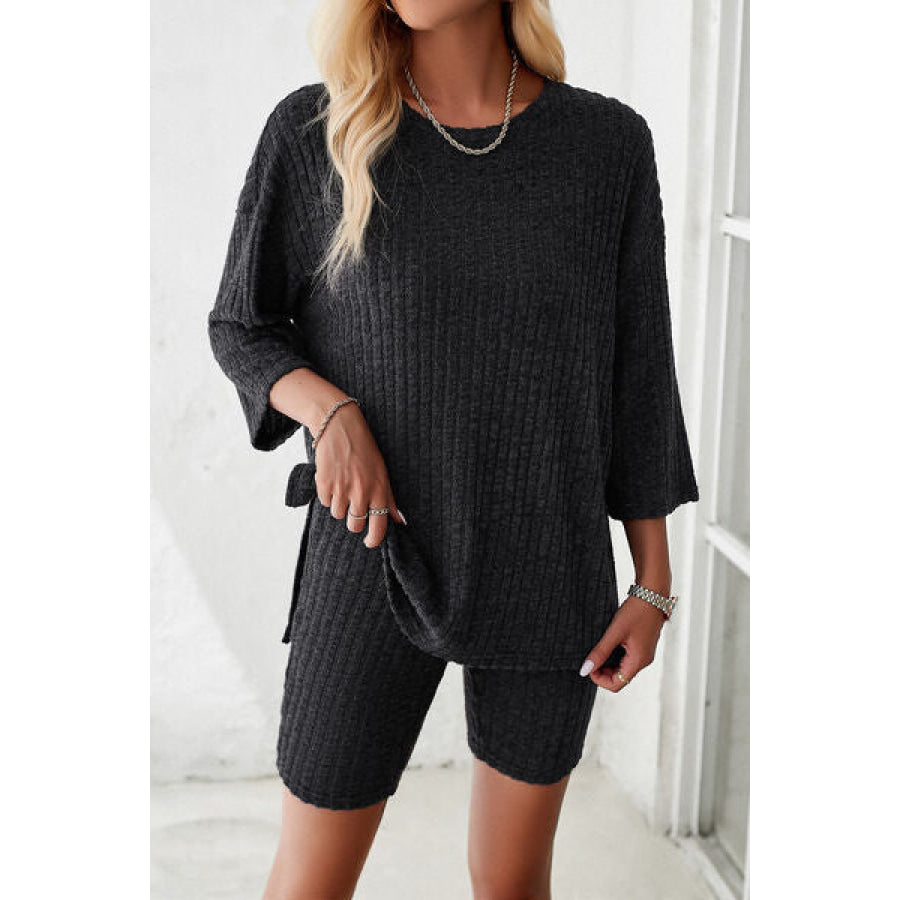 Ribbed Round Neck Top and Shorts Set Black / S Apparel Accessories