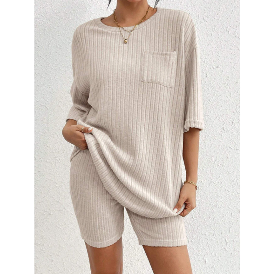 Ribbed Round Neck Top and Shorts Set Dust Storm / S Apparel and Accessories