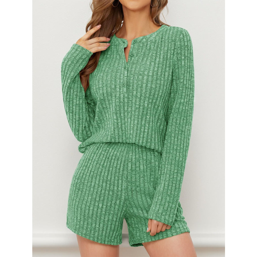 Ribbed Round Neck Top and Shorts Set Green / S Apparel and Accessories