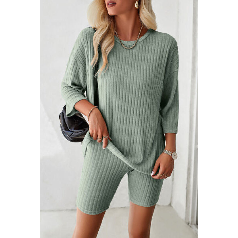 Ribbed Round Neck Top and Shorts Set Gum Leaf / S Apparel Accessories