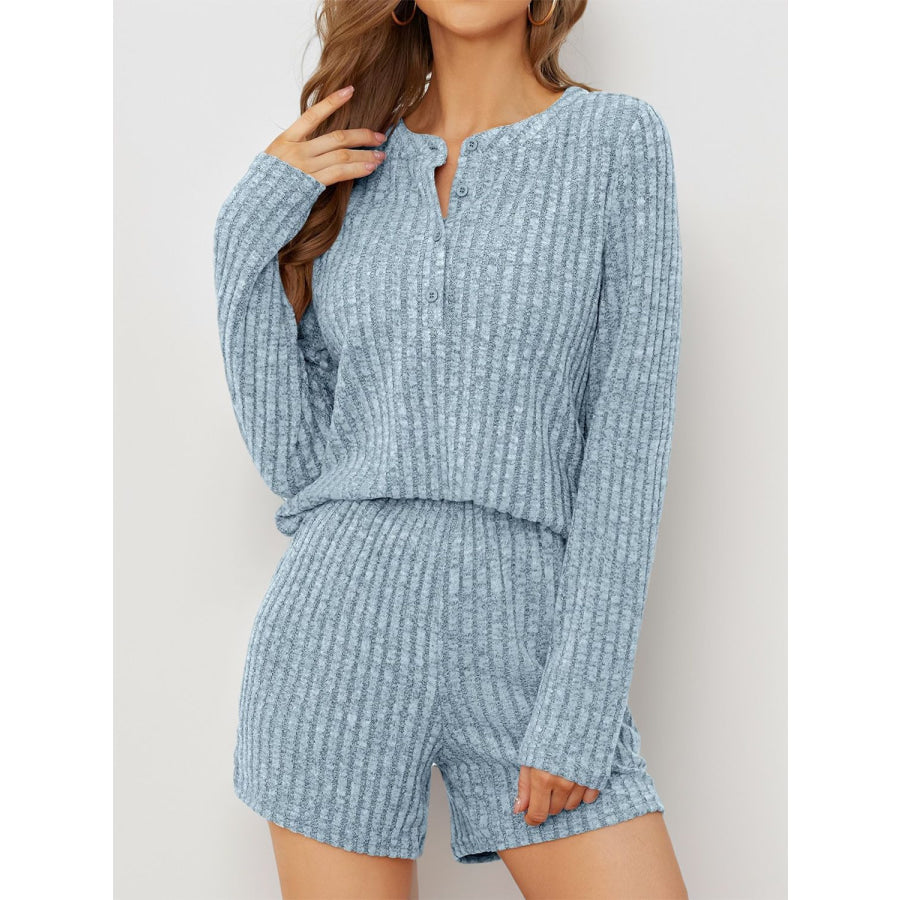 Ribbed Round Neck Top and Shorts Set Light Blue / S Apparel and Accessories