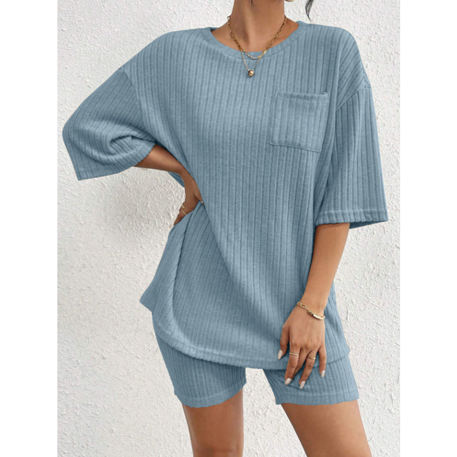 Ribbed Round Neck Top and Shorts Set Light Blue / S Apparel and Accessories