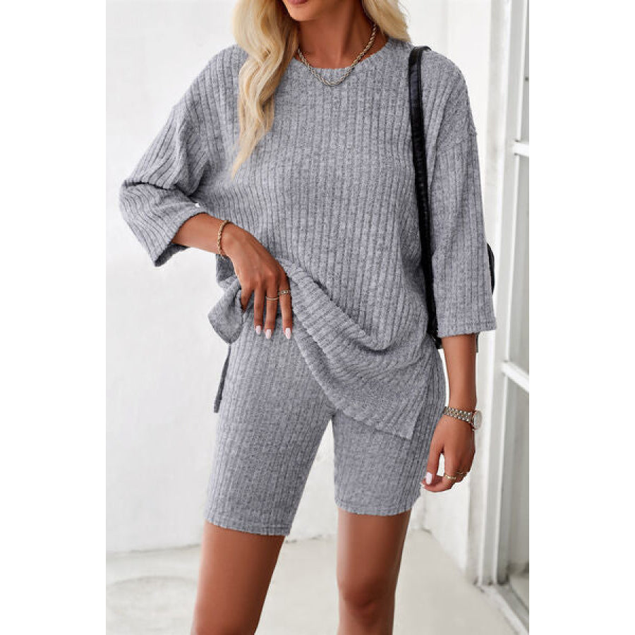 Ribbed Round Neck Top and Shorts Set Light Gray / S Apparel Accessories