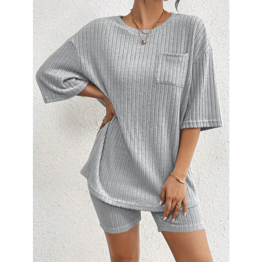 Ribbed Round Neck Top and Shorts Set Light Gray / S Apparel and Accessories