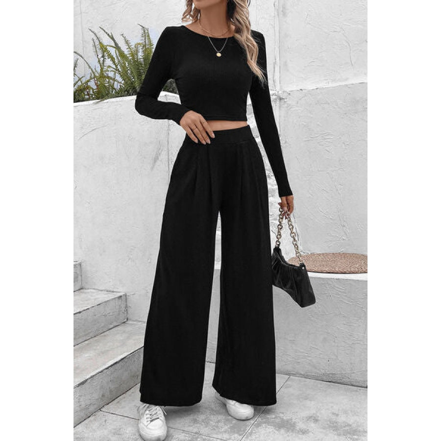 Ribbed Round Neck Top and Wide-Leg Pants Set Black / S Clothing