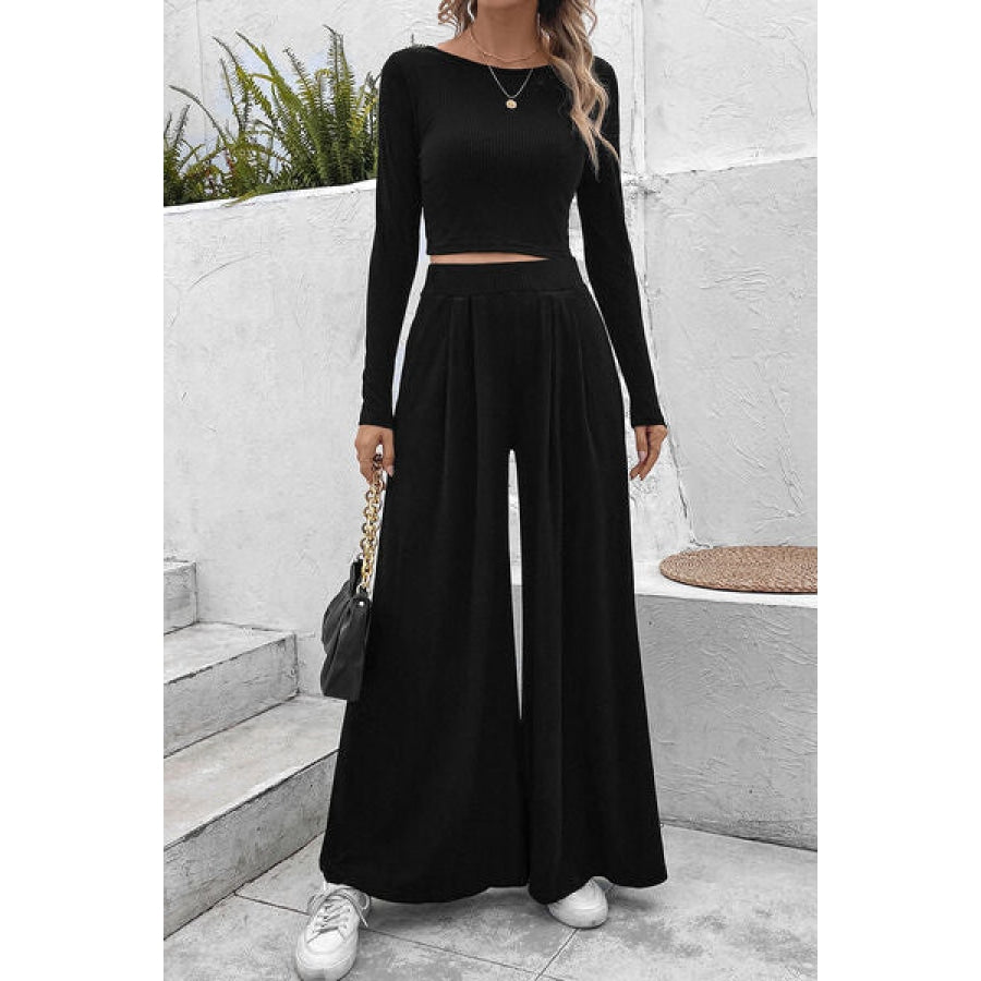 Ribbed Round Neck Top and Wide-Leg Pants Set Clothing