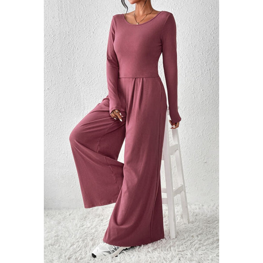 Ribbed Round Neck Top and Wide-Leg Pants Set Clothing