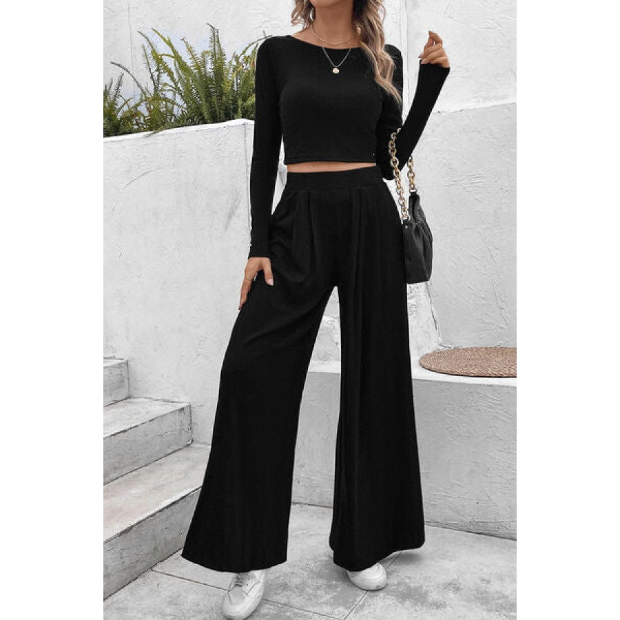 Ribbed Round Neck Top and Wide-Leg Pants Set Clothing