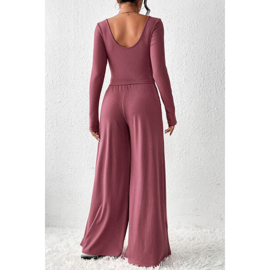 Ribbed Round Neck Top and Wide-Leg Pants Set Clothing