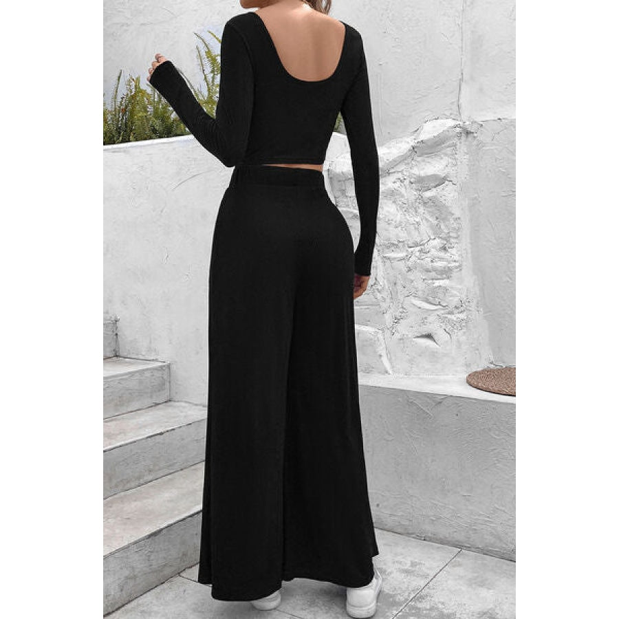 Ribbed Round Neck Top and Wide-Leg Pants Set Clothing