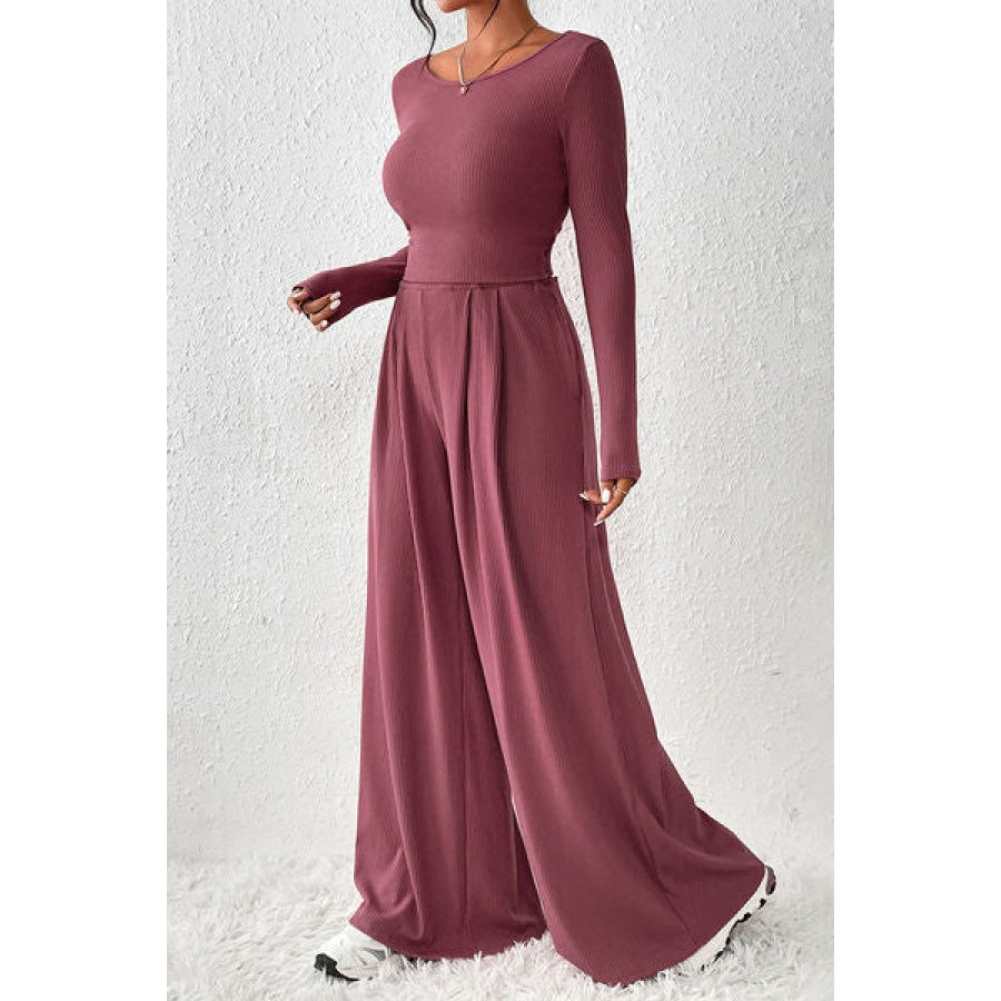 Ribbed Round Neck Top and Wide-Leg Pants Set Clothing