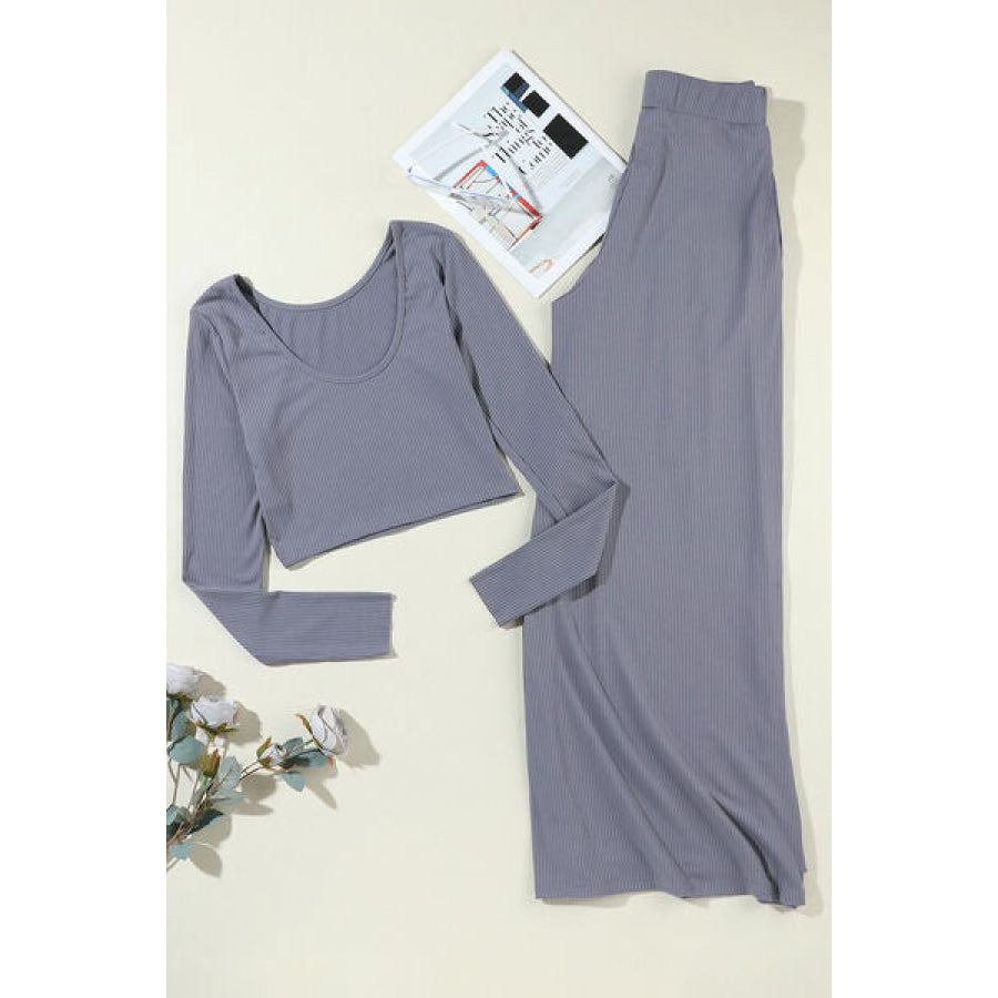 Ribbed Round Neck Top and Wide-Leg Pants Set Cloudy Blue / S Clothing