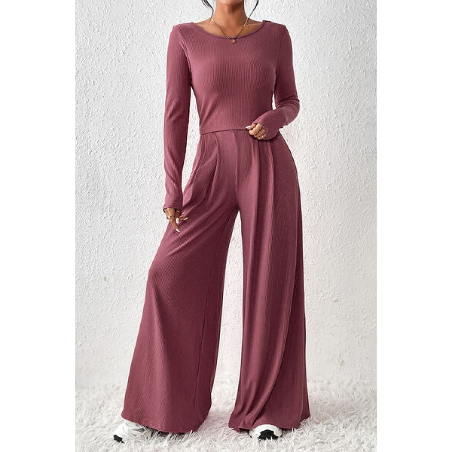 Ribbed Round Neck Top and Wide-Leg Pants Set Moonlit Mauve / S Clothing