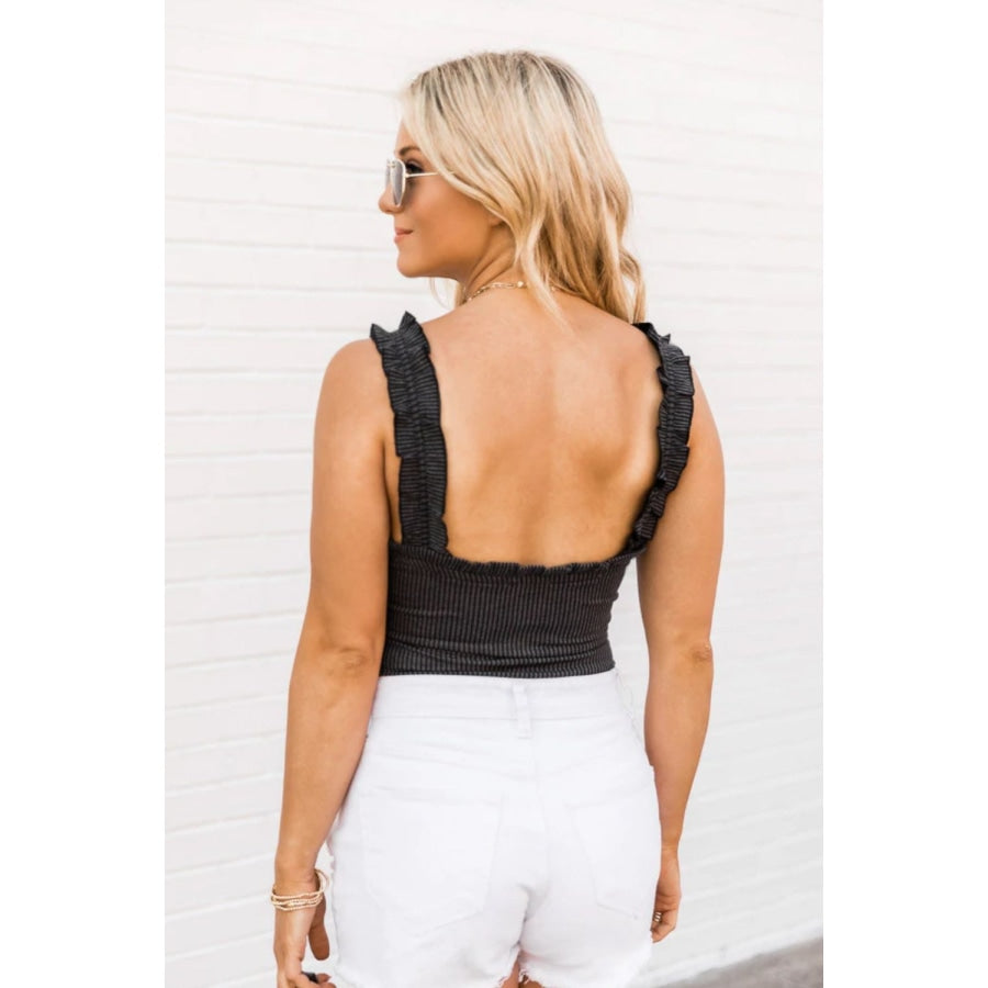 Ribbed Ruffle Trim Sleeveless Bodysuit