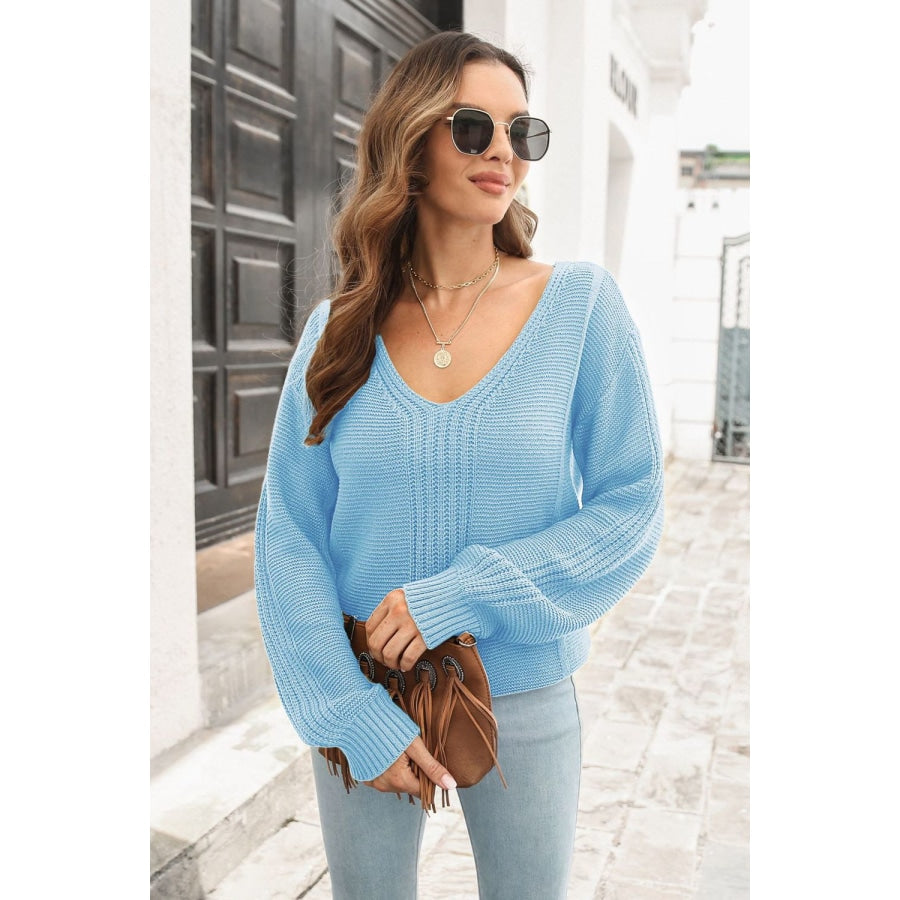 Ribbed Scoop Neck Long Sleeve Pullover Sweater Pastel Blue / S