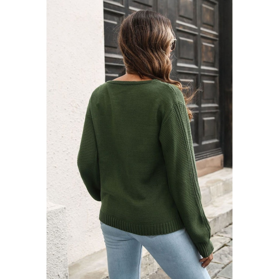 Ribbed Scoop Neck Long Sleeve Pullover Sweater