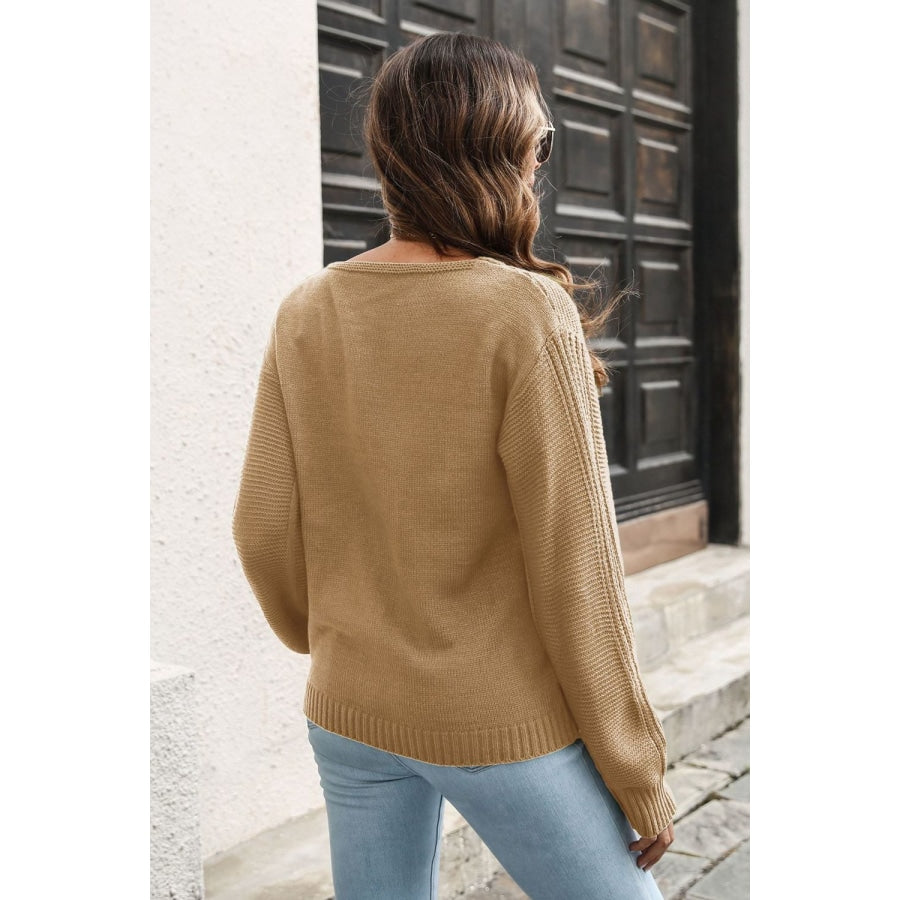 Ribbed Scoop Neck Long Sleeve Pullover Sweater