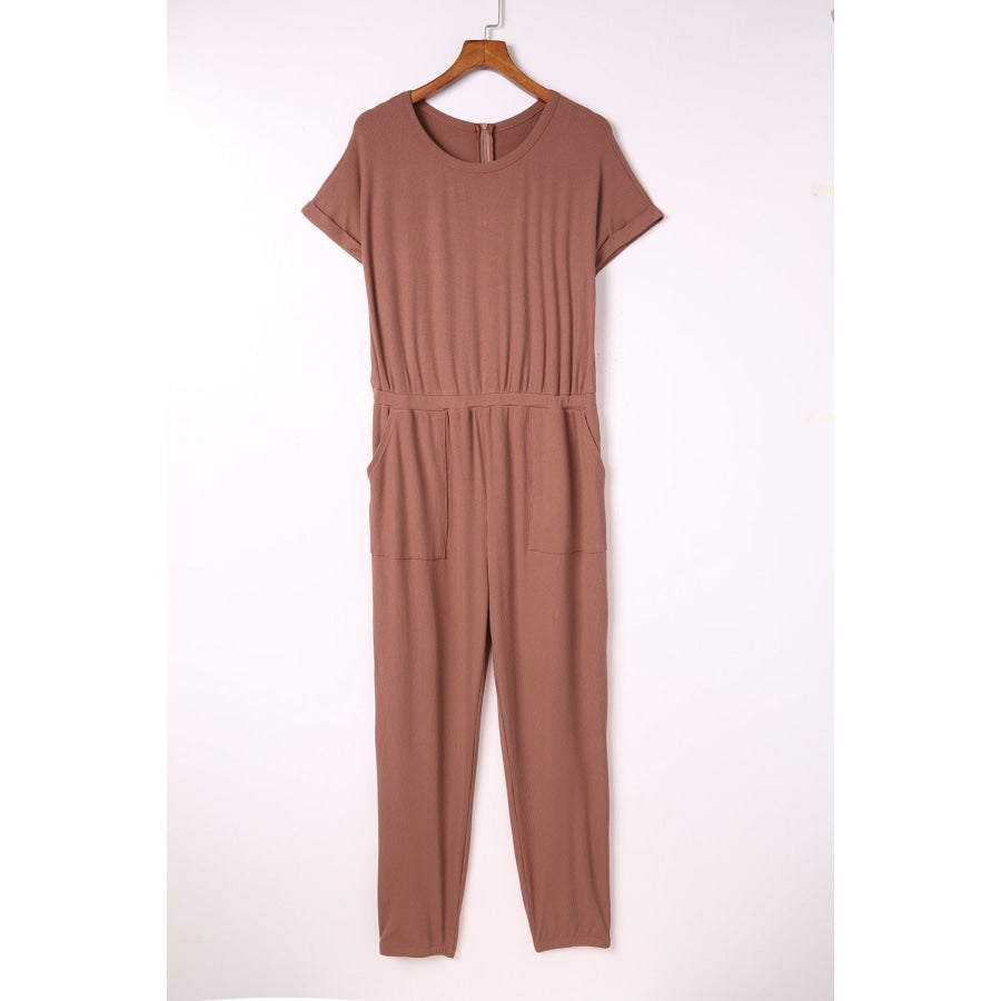 Ribbed Short Sleeve Jumpsuit with Pockets Mauve / S