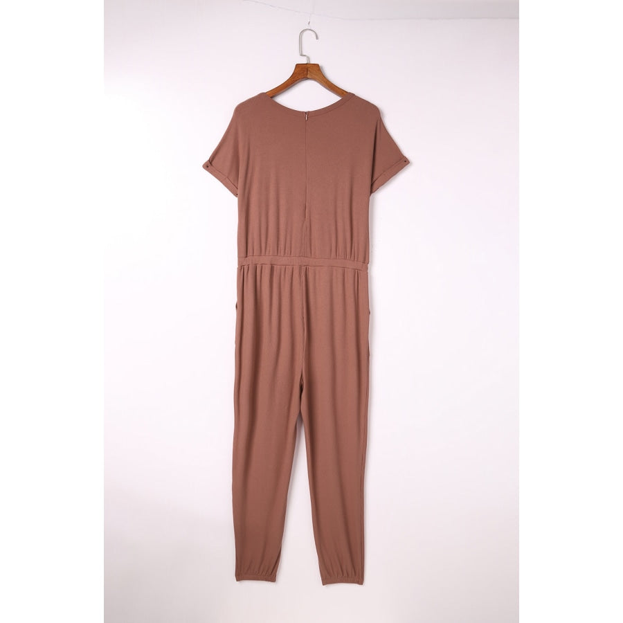 Ribbed Short Sleeve Jumpsuit with Pockets